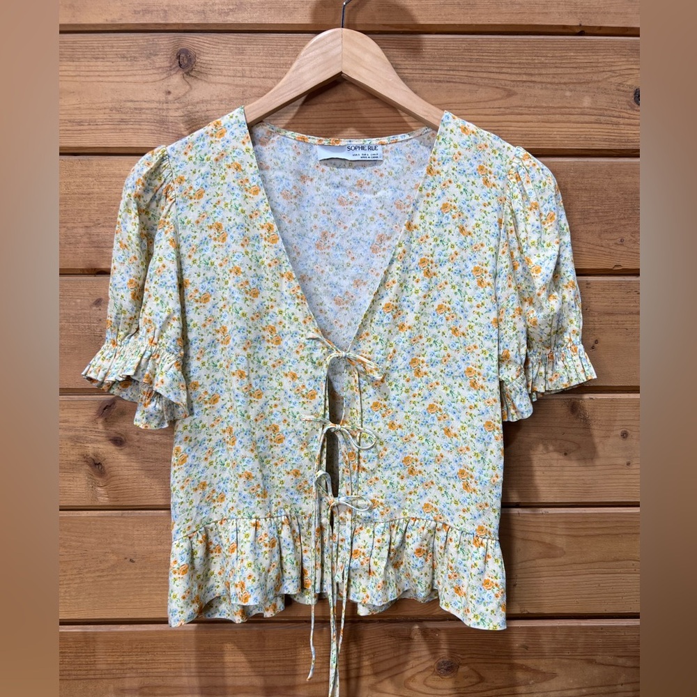 Sophie Rue Bellacore Floral Tie-Front Ruffle Blouse Cottagecore Size S